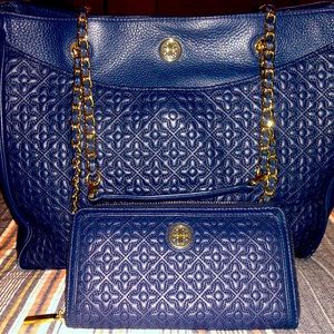 TORY BURCH Quilted Navy Blue leather tote with leather wallet set